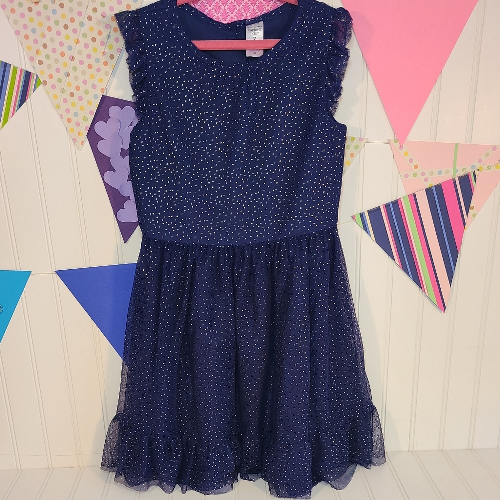 Carter's Girls Tulle Navy Blue Party Dress with Polka Dots size 7